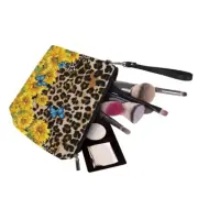 Leopard Sunflowers Portable Cosmetic Bag Large Travel PU Leather Makeup Pouch