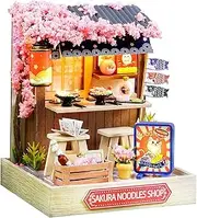 DIY Miniature Dollhouse Kit with Furniture, Tiny House Kit Miniature House Kit 1:24 Scale Creative Room Mini Wooden Doll House Plus Dust Proof for Teens Adults（Cherry Blossom Noodles）