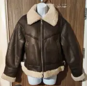 NEXT Brown Next Faux Leather Coat With Teddy Borg Lining - UK 8 Petite