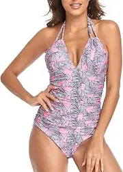 [TEMKIN] Women's Swimming Costume V Neck Tummy Control One-Pieces Swimsuit Halter High Waist Bathing Suit