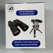 12x42 HD Binoculars for Adults with Universal Phone Adapter - High Power Black