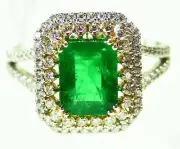 3.10CT 18K Gold Natural Emerald White Cut Diamond Vintage Halo Engagement Ring