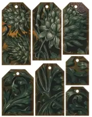 Seven Dark Green Floral HANG TAGS Ephemera Vintage Style for Junk Journal etc