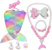 Gadpiparty 7 1 Mermaid Tail Bag Kids Jewelry for Girl Jewelry Party Favor Sequin Mermaid Bag Girls Purse Mermaid Tail Coin Purse Kids Mermaid Ring Dress up Cartoon Baby Bracelet
