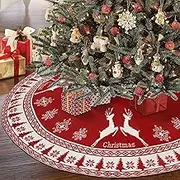 Christmas Tree Skirt, 90cm Red Knitted Christmas Tree Skirt with Snowflake Reindeer, Rustic Double Sided Xmas Tree Skirt Christmas Decorations for Party Decor Indoor