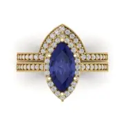 2.1 MQ Round Cut Halo Tanzanite Stone Promise Bridal Band set 14k Yellow Gold
