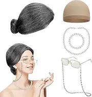AUTOWT Old Lady Costume, Grandma Cosplay Outfit Set, Wig Hair Accessories Kits with Granny Glasses Cap Chain Necklace Earring Bracelet for Kid Girls Women Mother Masquerade Dress Up Party Halloween
