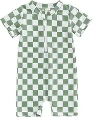 [RWYBEYW] Toddler Baby Boy Girl Swimsuit Checkered One Piece Zipper Rash Guard Swimwear Short Sleeve Beach Bathing Suit