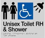 Unisex Accessible Toilet Right Hand & Shower Sign MFDTSRH-SILVER (Braille)