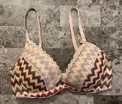 NWT H&M 36C PINK IVORY RED NEUTRAL ZIG ZAG CHEVRON LACE LIGHT LIFT PUSH UP BRA