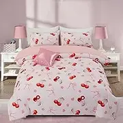 Aimuan Pink Bow Comforter Set 6 Piece, Cute Love Hearts Ribbon Bowknot Bedding Set, Princess Cherries Comforter and Sheet Set Dreamy Lightweight Soft Bed Set for Girls (Pink Red, Full 6Pcs)