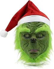 Claofoc Grinch Mask Christmas Hat Costume Mask Christmas Green Face Monster Scary Latex Mask for Adults Women and Men Cosplay Costume Props (C)