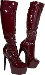 [Frankie Hsu] Ladies Sexy Stiletto platform Knee High Heeled Boots, Dark Red Burgundy Patent Fur Lined, Big Large Size US5-19 Shoes For Women Men