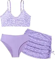 [SEAUR] Girls' Bikini Set with Skirt 3-Piece Swimwear Padded Teenager Swimwear Fashionable Printed Swimsuit Children 130-160 cm