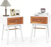 [Giantex] Rattan Nightstand Set of 2, Boho End Side Table with Rattan Decorated Storage Drawer & Solid Wood Legs, Mid-Century Modern Bedside Table for Bedroom Small Space, Easy Assembly