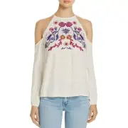 JACHS Girlfriend White Cold Shoulder Embroidered Flowy Peasant Top Shirt Blouse