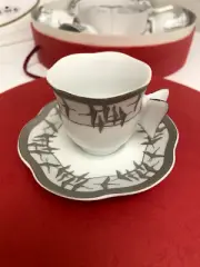 COFFEE by A.I. Espresso Porcelain Set of 6 Cups & Saucers White and Silver NEW