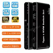 Type C USB-C to KVM Switch 2X1 HDMI 2.0 or Displayport 1.4 KVM Switcher PD 100W
