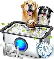 Large Dog Water Fountain SS304,12L Ultra-Purification Pet Drinking Dispenser with Visual Window,Widely Drinking Area,Deep Purification Filter,Triple Waterfall Structure,Low Water Indicator