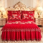 民族風紅色床裙單件純棉新房加厚夾棉床罩婚慶陪嫁全棉床單結婚用