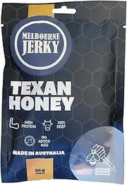 Melbourne Jerky, Premium Beef Jerky, MSA Grade, High-Protein Snack, Wholesome, Tender, Juicy, Flavourful, Australian Made, Ready-to-Eat, Healthy Snack Alternative, Texan Honey Flavour, 50g