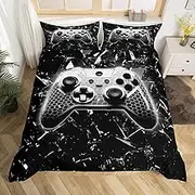 Videogames Reversible Duvet Cover Set Full Size,Geometric Honeycomb Gameapd Comforter Cover Modern Gamer Bedding Set 3Pcs for Kids Boys Room Decor Teens Black Gaming Quilt Cover,2 Pillowcases