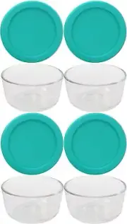 Pyrex (4 7202 1-Cup Glass Bowls and (4) 7202-PC 1-Cup Turquoise Lids Made in the