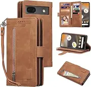 UEEBAI Wallet Case for Google Pixel 6a 5G, Vintage Premium PU Leather Cover Flip Case with Card Slots Magnetic Closure Zipper Pocket Kickstand Handbag with Hand Strap - Brown