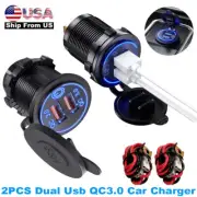 2pcs Blue Waterproof QC3.0 Dual USB Fast Car Charger Socket for 12V-24V Car Boat