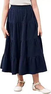 [GORLYA] Girls Casual Vintage Solid Elastic High Waist Tiered Hem Long Swing Linen Maxi Skirt for 4-14T