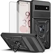 [Asuwish] Phone Case for Google Pixel 6 with Slide Camera Cover and Tempered Glass Screen Protector Hard Stand Ring Holder Hybrid Cell Accessories Pixel6 Pixle Six Mobile Slim Kickstand Women Men Black