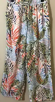 Tahari Linen Blend Wide Leg Tropical Pants Pockets Split-Hem Elastic Waist Sz M