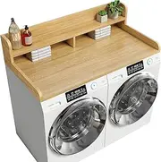 Corbyles 2-Tier Washer Dryer Countertop with 2.75" H Edge Rails, 54" W x 27.55" D Laundry Countertop for Folding Clothes, Washer and Dryer Topper with Non-Slip Pad (Pure Wood Color)