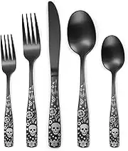 OIULO Pattern Matte Silverware Set for 8,40-Piece Gothic Matte Black Flatware Set,Unique Pattern Design,Satin Finish Cutlery for 8,Halloween Skull Tableware Utensils for Kitchen Square