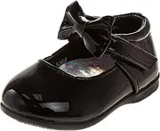 [JOSMO] Baby Walking Shoes - Kids Girl Mary Jane Flats - Formal Dress Shoes - Newborn Infant Walker Moccasins Crib Bow Knot First Step Patent Slip-On Christening (White/Black) (Size 3-8)