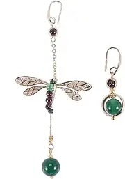 Binxind Ethnic Vintage Dragonfly Stone Bead Asymmetric Dangle Earrings Drop Hook Earrings for Women Gift