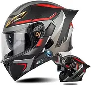 DOT Approved Full Face Helmet Built-in Mp3 Integrated Bluetooth Modular Motorcycle Helmet Flip Up Front Helmets Dual Anti-Fog Visors with Tail for Adults Men Women 55-64CM