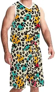 [KQNZT] Basketball Jersey for Men, Outfit Tank Top Track Shorts, Hip hop Clothing for Party, Leopard Pattern Colorful Fashion