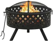 Fire Pit with Poker, 68 cm XXL Steel, Outdoor Smokeless Wood Fire Bowl with Mesh Cover, Portable Tabletop Backyard Bonfire Stove
