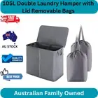 105L Double Laundry Hamper with Lid Removable Bags Handles Sorting Basket Grey