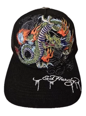 Ed Hardy "Dragon" Embroidered Trucker Snap-back Hat Black