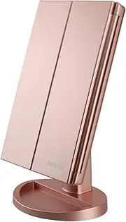 Tri-Fold Lighted Vanity Makeup Mirror with 21 LED Lights,3X/2X Magnification Mirror,Touch Sensor Switch, Two power Supply Mode Tabletop Makeup Mirror,Travel Cosmetic Mirror (Rose Gold)