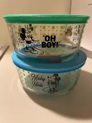 2 Disney Mickey Mouse Pyrex 4-Cup Glass Storage Containers with Plastic Lids