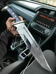 UBR CUSTOM HANDMADE DAMASCUS STEEL TIMBER RATTLER BOWIE KNIFE WITH SHEATH