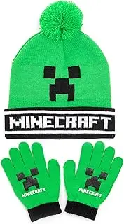 [Minecraft] Kids Bobble Hat Gloves Set Creeper Knitted Beanie Gamer Gift One Size