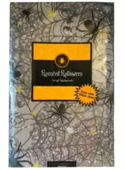 Haunted Halloween Vinyl Tablecloth Flannel Backed Spider Webs Spiders 52X90"