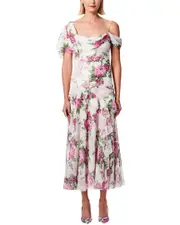 Carolina Herrera Draped Shoulder Silk Midi Dress