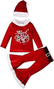 [Generic] Girls Christmas Clothes Toddler Baby Kids Girls Suit Christmas Cosplay Patchwork O Neck Pullover Tops Pants Hat 3PCs Set Outfits 5 Piece Baby (Red, 12-18 Months)
