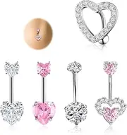 [LAXPICOL] 5Pcs Belly Button Bars, Stainless Steel Belly Button Piercing with white & Pink Gem,14G 10mm Silver Belly Bar Heart Belly Bar, Internally Threadedr Belly Bar Body Piercing Jewelry