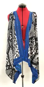 NWT Chicos Animal Scroll Pattern Open Front Beaded Vest Black White Blue Sz. 0